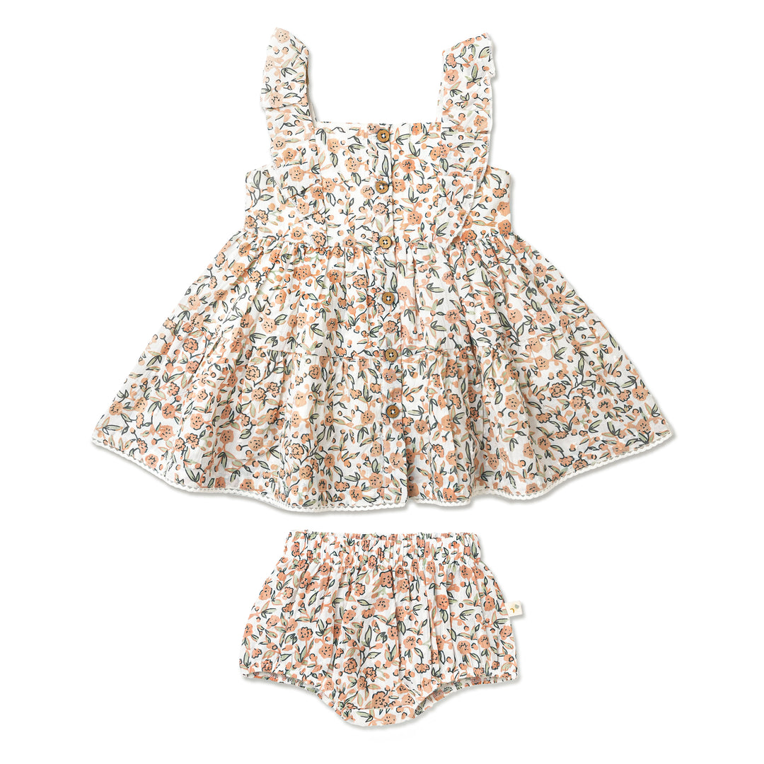MakeMake Organic Flutter Buttoned Tiered Dress Magnolia