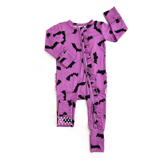 Gigi and Max - Echo Purple Bats RUFFLE ZIP Bamboo Halloween Baby Lounge Set