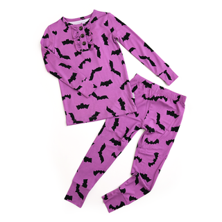 Gigi and Max - Echo Purple Bat RUFFLE TWO PIECE Bamboo Kids Halloween Lounge Set