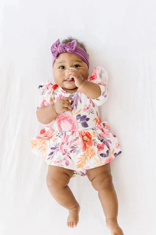 Mila & Rose - Mila & Rose Tangerine Leaves 3/4 Sleeve Flutter Twirl Bodysuit | Baby Girl - Classy Rascals Boutique
