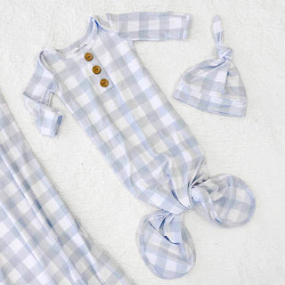 Caden Lane - Dusty Blue Gingham Newborn Baby Knot Gown & Hat Set