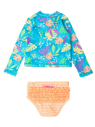 RuffleButts + RuggedButts - Girls Neon Tiki Vibes Long Sleeve Zipper Rash Guard 2-Piece