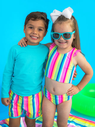 RuffleButts + RuggedButts - Girls Neon Rainbow Stripe Racerback Flutter Tankini 2-Piece Swimsuit