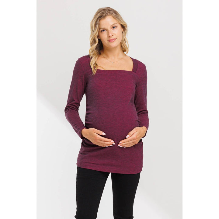 Hello Miz - Square Neck Long Sleeve Ruched Maternity Top