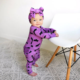 Gigi and Max - Echo Purple Bats RUFFLE ZIP Bamboo Halloween Baby Lounge Set