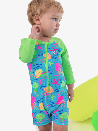 RuffleButts + RuggedButts - Baby Boys Neon Jelly Time Long Sleeve One Piece Rash Guard Swimsuit
