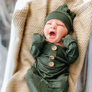 Caden Lane - Solid Olive Bamboo Baby Knot Gown & Hat