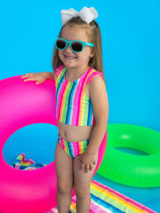 RuffleButts + RuggedButts - Girls Neon Rainbow Stripe Racerback Flutter Tankini 2-Piece Swimsuit