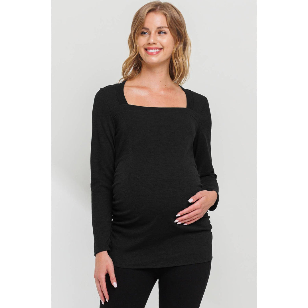 Hello Miz - Square Neck Long Sleeve Ruched Maternity Top