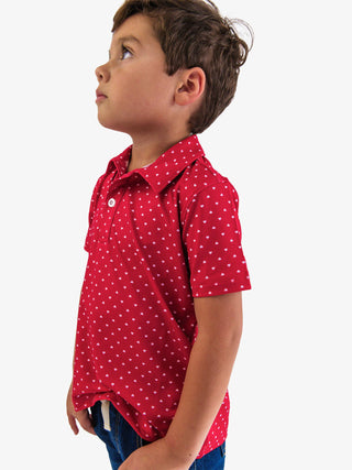 RuffleButts + RuggedButts - Boys Red Heart Polka Dot Knit Short Sleeve Performance Polo