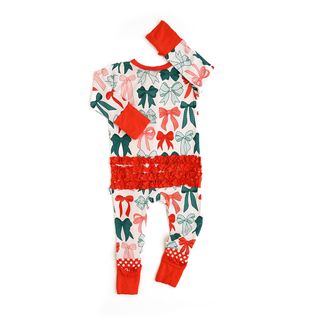 Gigi and Max - Belle Bows RUFFLE ZIP Christmas Bamboo Baby One Piece Outfit