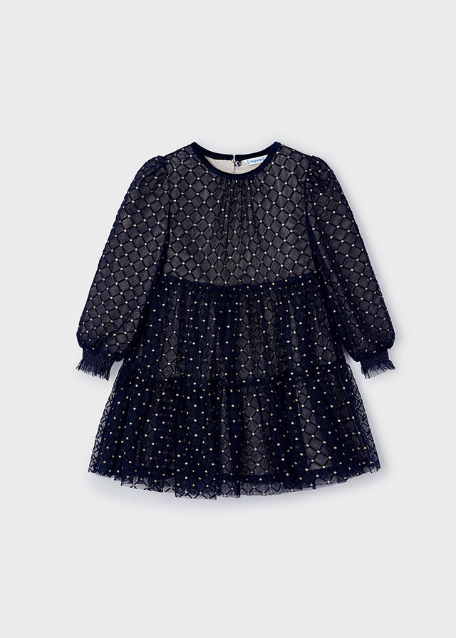 Mayoral Tulle Printed Dress Navy