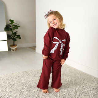 Gigi and Max - Maroon MOCKNECK FLARE SWEATSUIT Gingham Bow Kids Set