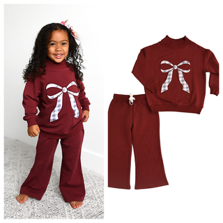 Gigi and Max - Maroon MOCKNECK FLARE SWEATSUIT Gingham Bow Kids Set