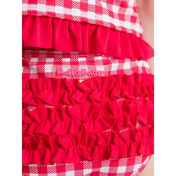 RuffleButts + RuggedButts - Girls Vintage Red Gingham Puff Sleeve Ruffle Tankini 2-Piece