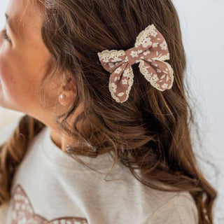 Sweet Wink - Mocha Floral Lace Bow Clip Set - Hair Bows - Fall - Kids
