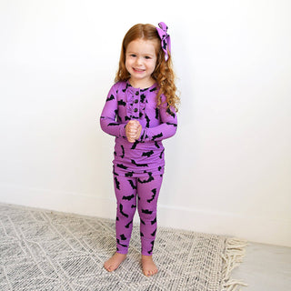 Gigi and Max - Echo Purple Bat RUFFLE TWO PIECE Bamboo Kids Halloween Lounge Set