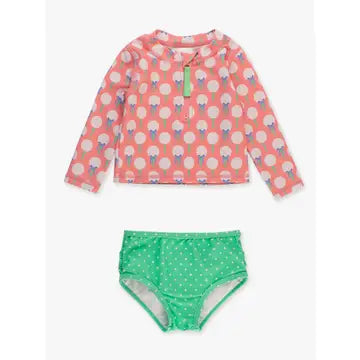 RuffleButts + RuggedButts - Girls Pink Tee Time Long Sleeve Zipper Rash Guard 2 Piece