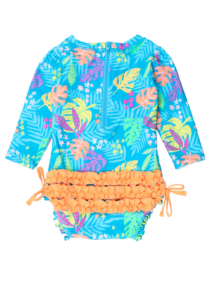 RuffleButts + RuggedButts - Baby Girls Neon Tiki Vibes Long Sleeve One Piece Rash Guard