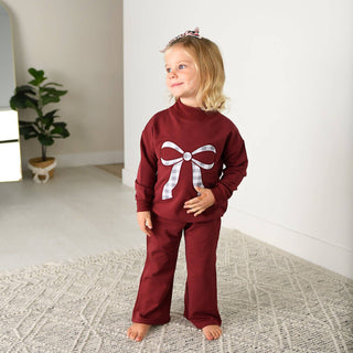 Gigi and Max - Maroon MOCKNECK FLARE SWEATSUIT Gingham Bow Kids Set