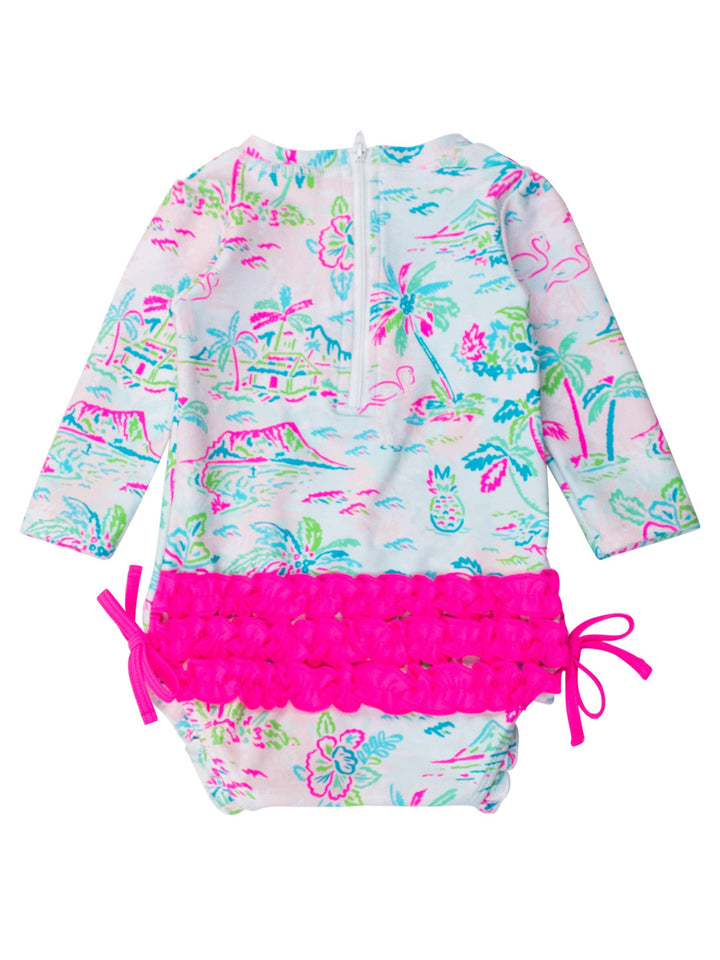 RuffleButts + RuggedButts - Baby Girls Tropical Resort Long Sleeve One Piece Rash Guard