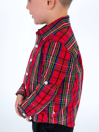 RuffleButts + RuggedButts - Boys Red Nicholas Plaid Long Sleeve Button Down Shirt