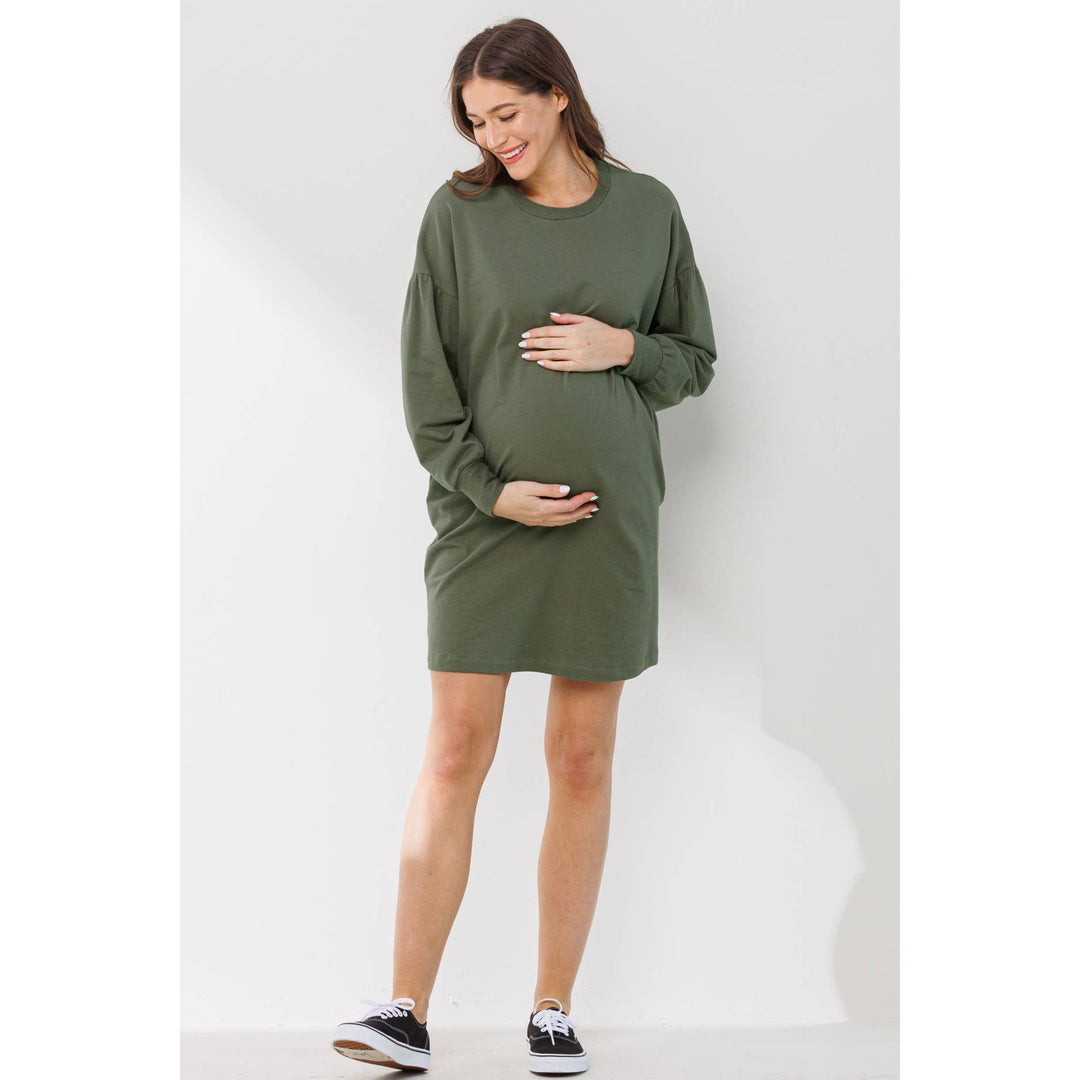 Hello Miz - Crew Neck Maternity Sweater Dress with Pockets