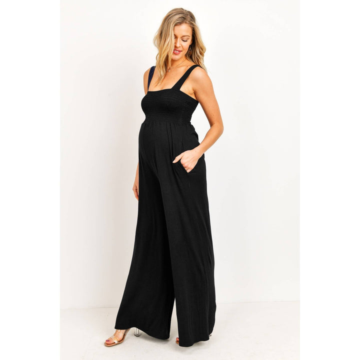 Hello Miz - Sleeveless Smocked Maternity Wideleg Jumpsuit