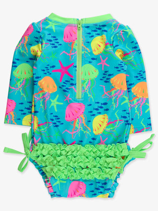 RuffleButts + RuggedButts - Baby Girls Neon Jelly Time Long Sleeve One Piece Rash Guard Swimsuit with Signature Rear Ruffles