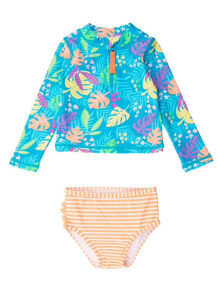 RuffleButts + RuggedButts - Girls Neon Tiki Vibes Long Sleeve Zipper Rash Guard 2-Piece