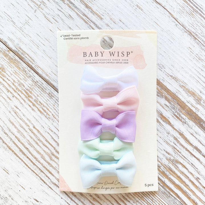 Baby Wisp - 5 Charlotte Bows Tuxedo Style on Snap Clips - Pretty Pastels