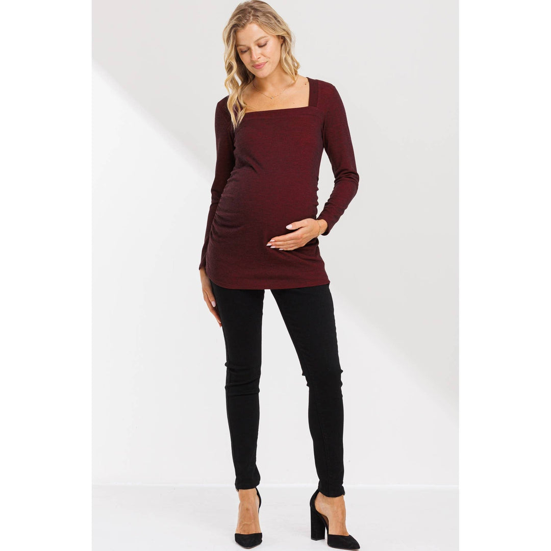 Hello Miz - Square Neck Long Sleeve Ruched Maternity Top