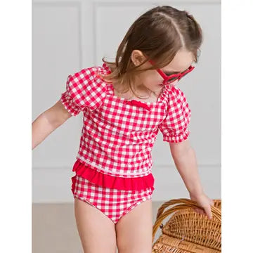 RuffleButts + RuggedButts - Girls Vintage Red Gingham Puff Sleeve Ruffle Tankini 2-Piece