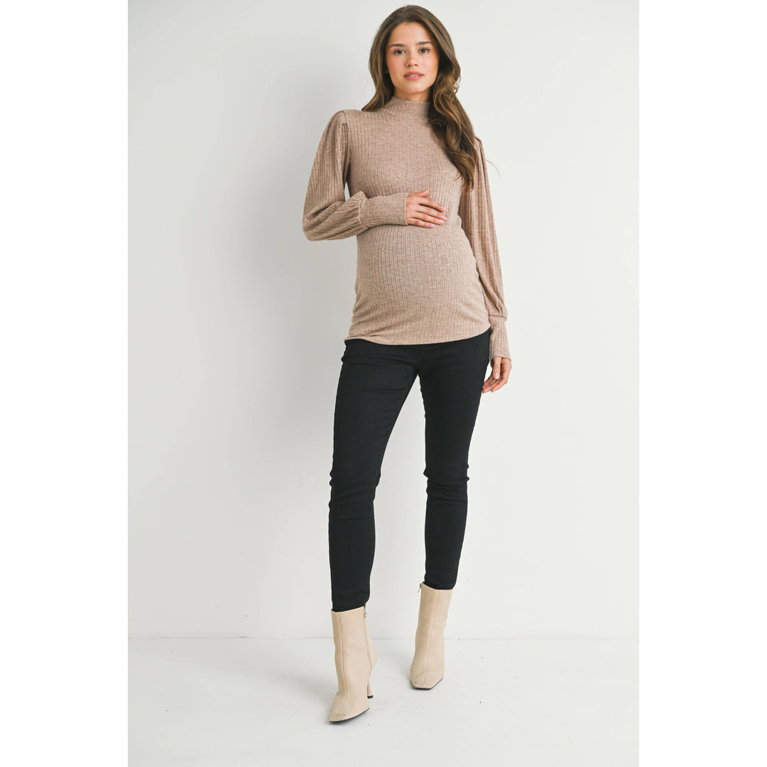 Hello Miz - Ribbed Mock Neck Puff Sleeve Maternity Top