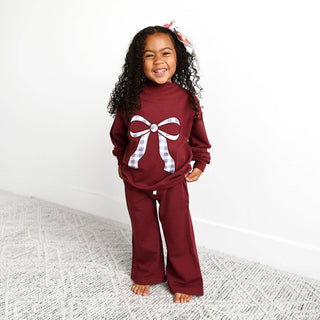 Gigi and Max - Maroon MOCKNECK FLARE SWEATSUIT Gingham Bow Kids Set