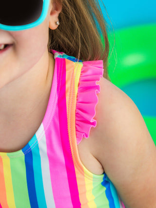 RuffleButts + RuggedButts - Girls Neon Rainbow Stripe Racerback Flutter Tankini 2-Piece Swimsuit