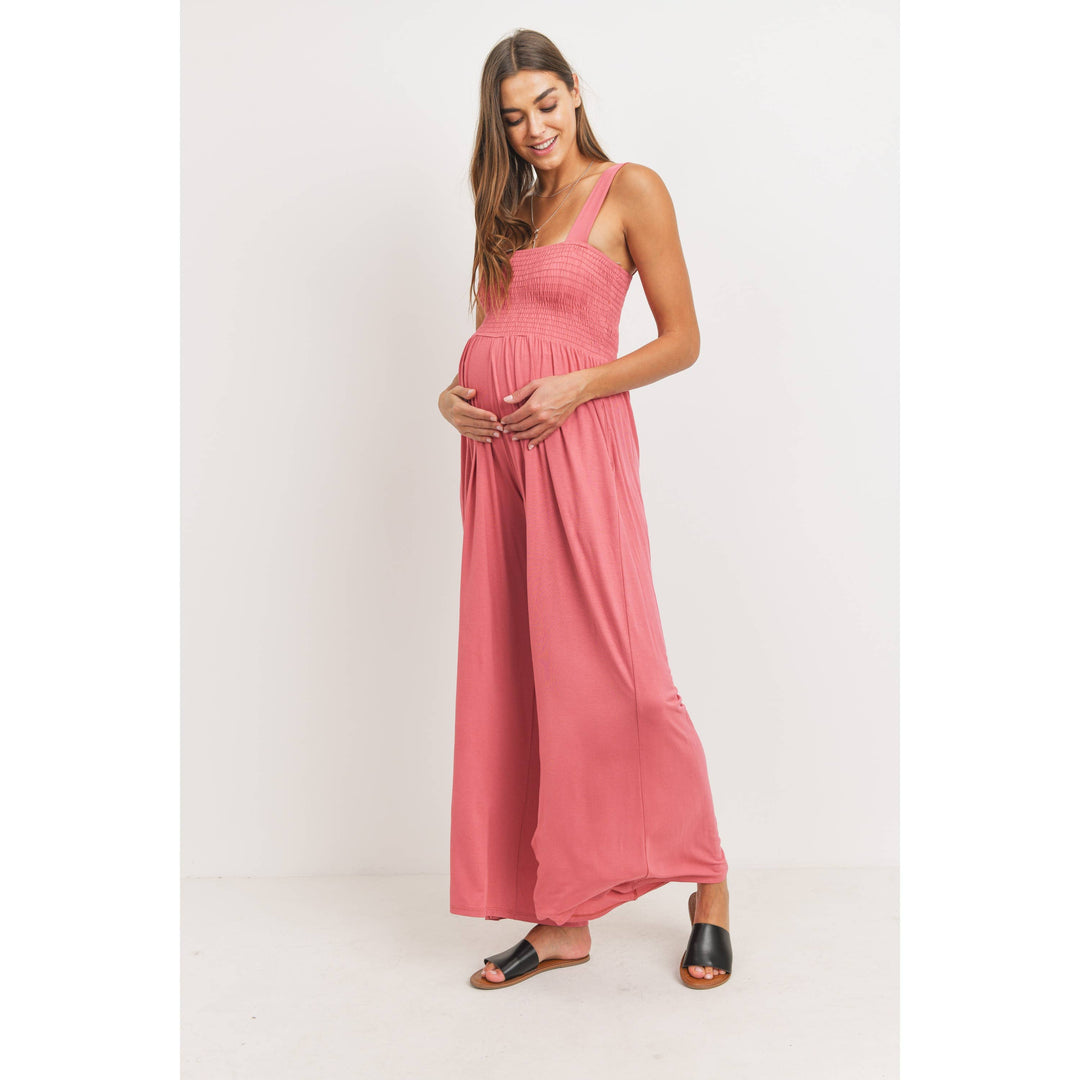 Hello Miz - Sleeveless Smocked Maternity Jumpsuit with Pockets
