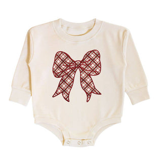 Sweet Wink - Christmas Plaid Bow Patch Long Sleeve Romper - Baby Clothing