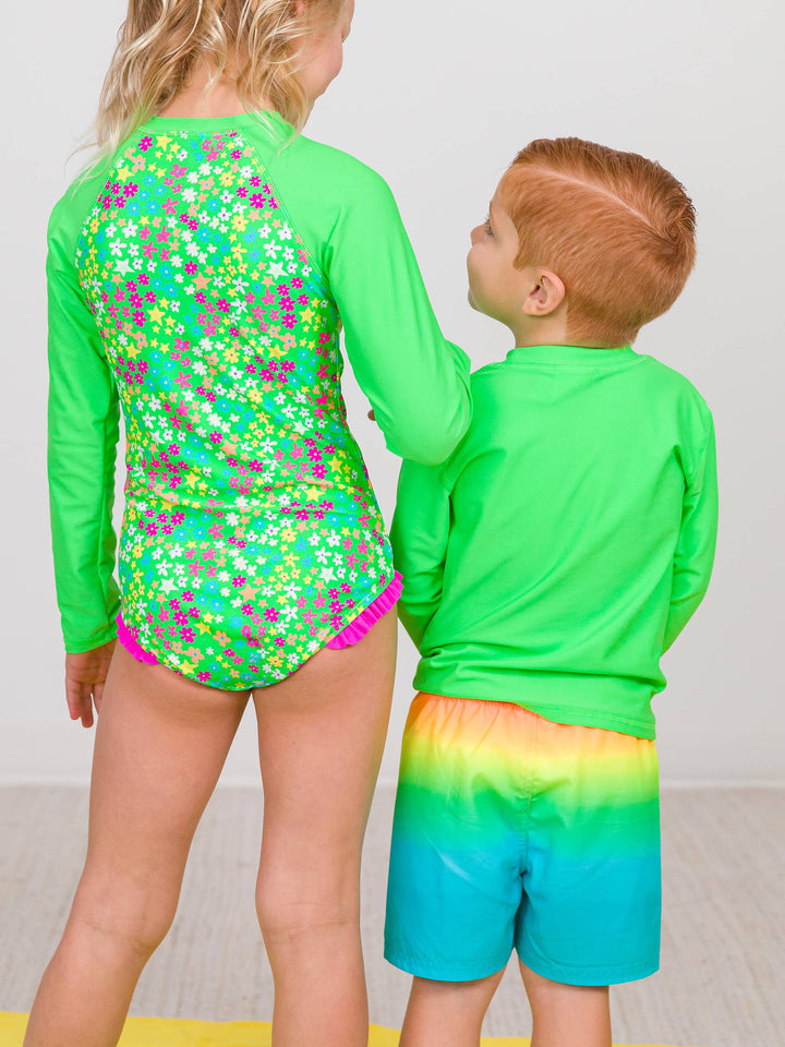 RuffleButts + RuggedButts - Boys Neon Lime Long Sleeve Rash Guard