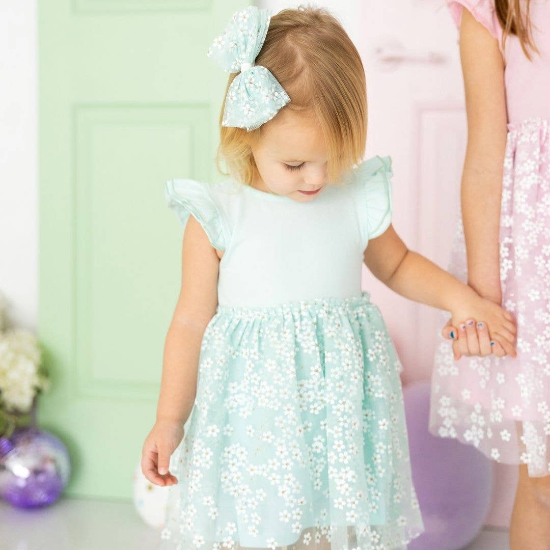 Sweet Wink - Aqua Ditsy Daisy Easter Tiered Short Sleeve Tutu Dress -Kids