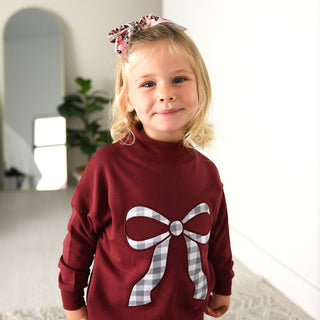 Gigi and Max - Maroon MOCKNECK FLARE SWEATSUIT Gingham Bow Kids Set