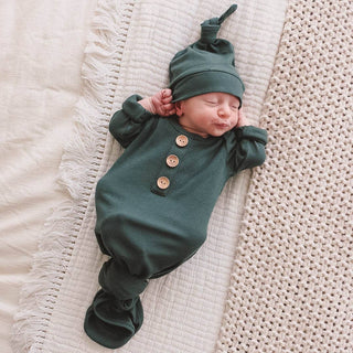 Caden Lane - Forest Green Ribbed Bamboo Baby Knot Gown & Hat