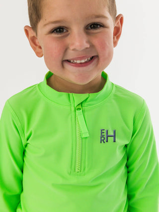 RuffleButts + RuggedButts - Boys Neon Honeydew Long Sleeve Zipper Rash Guard