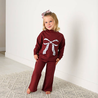 Gigi and Max - Maroon MOCKNECK FLARE SWEATSUIT Gingham Bow Kids Set