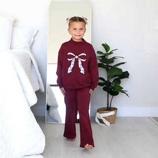 Gigi and Max - Maroon MOCKNECK FLARE SWEATSUIT Gingham Bow Kids Set