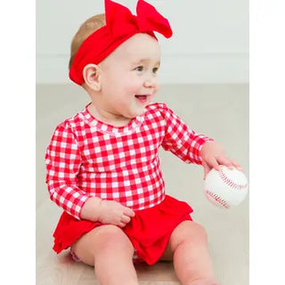 RuffleButts + RuggedButts - Baby Girls Vintage Red Gingham Long Sleeve One Piece Rash Guard