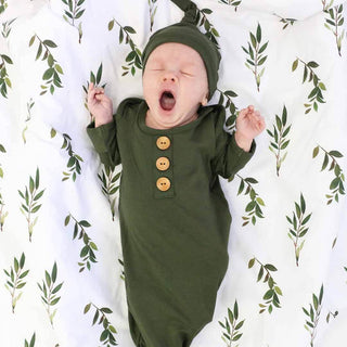 Caden Lane - Solid Olive Bamboo Baby Knot Gown & Hat
