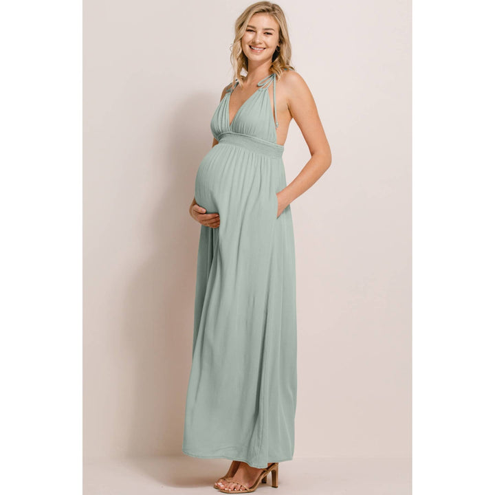 Hello Miz - Smocked Waist Tie Strap Maternity Plunge Maxi Dress