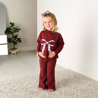 Gigi and Max - Maroon MOCKNECK FLARE SWEATSUIT Gingham Bow Kids Set