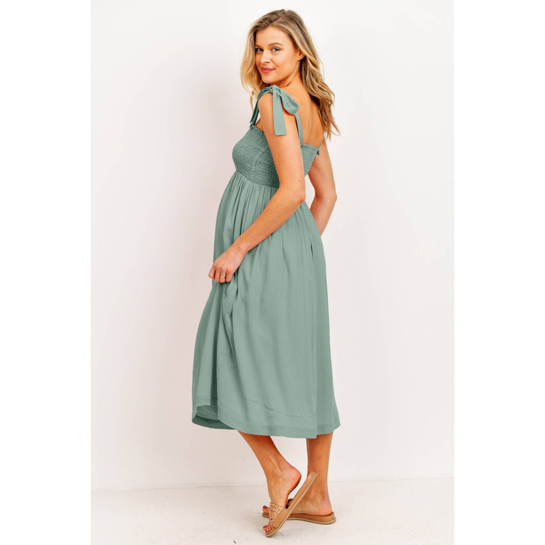 Hello Miz - Tie Shoulder Smocked Maternity Midi Dress
